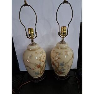 Pair‎ of Vintage Asian Oriental Porcelain Floral Ginger Jar Vase Urn Table Lamps